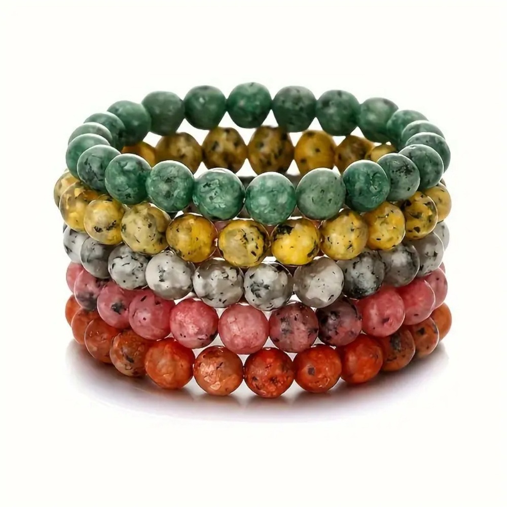 Craftsmanship Boho Set of 5 Elastic Natural Stone Beaded Charm Bracelets 5 pcs.